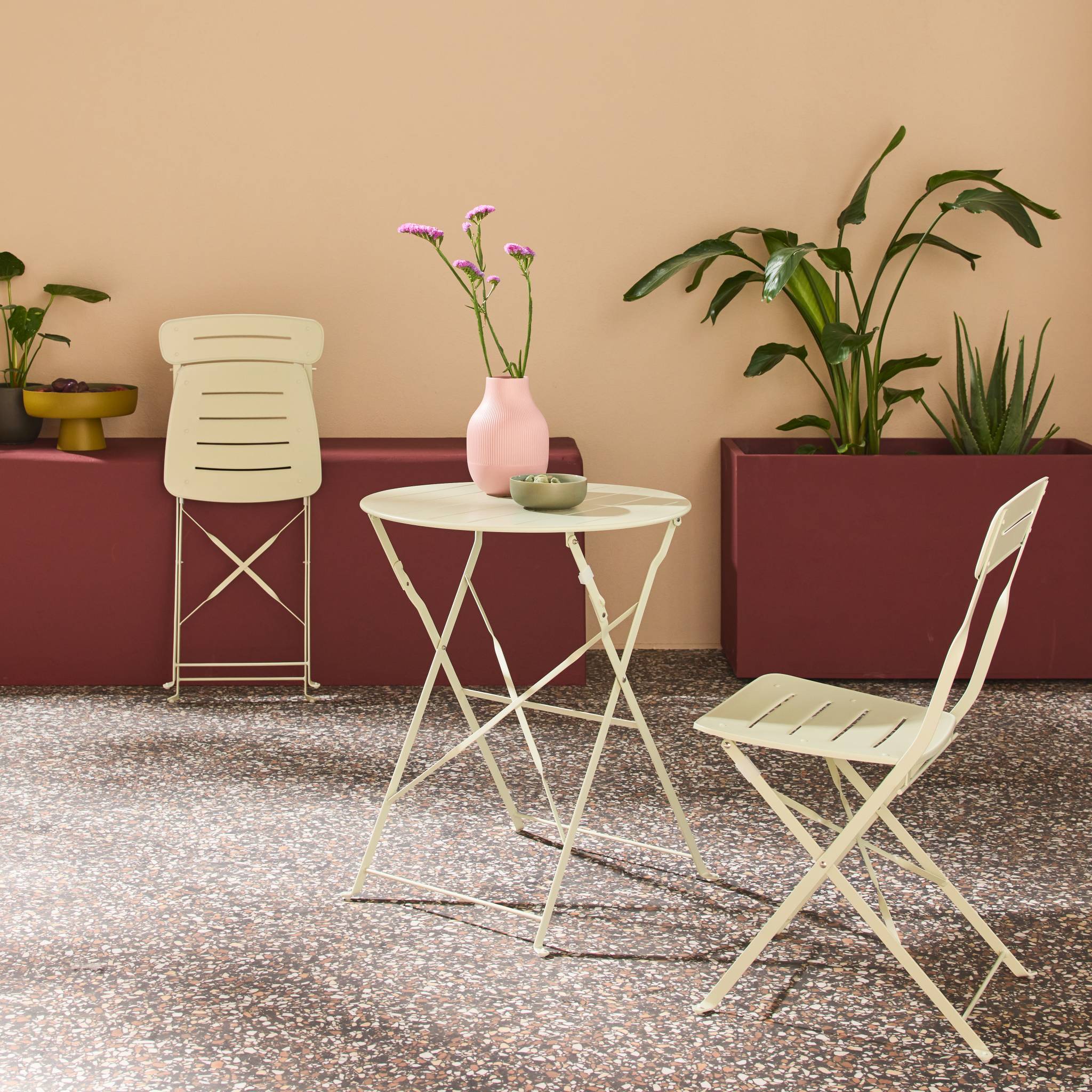 Table de jardin bistrot pliante ronde acier + 2 assises BALCONEA