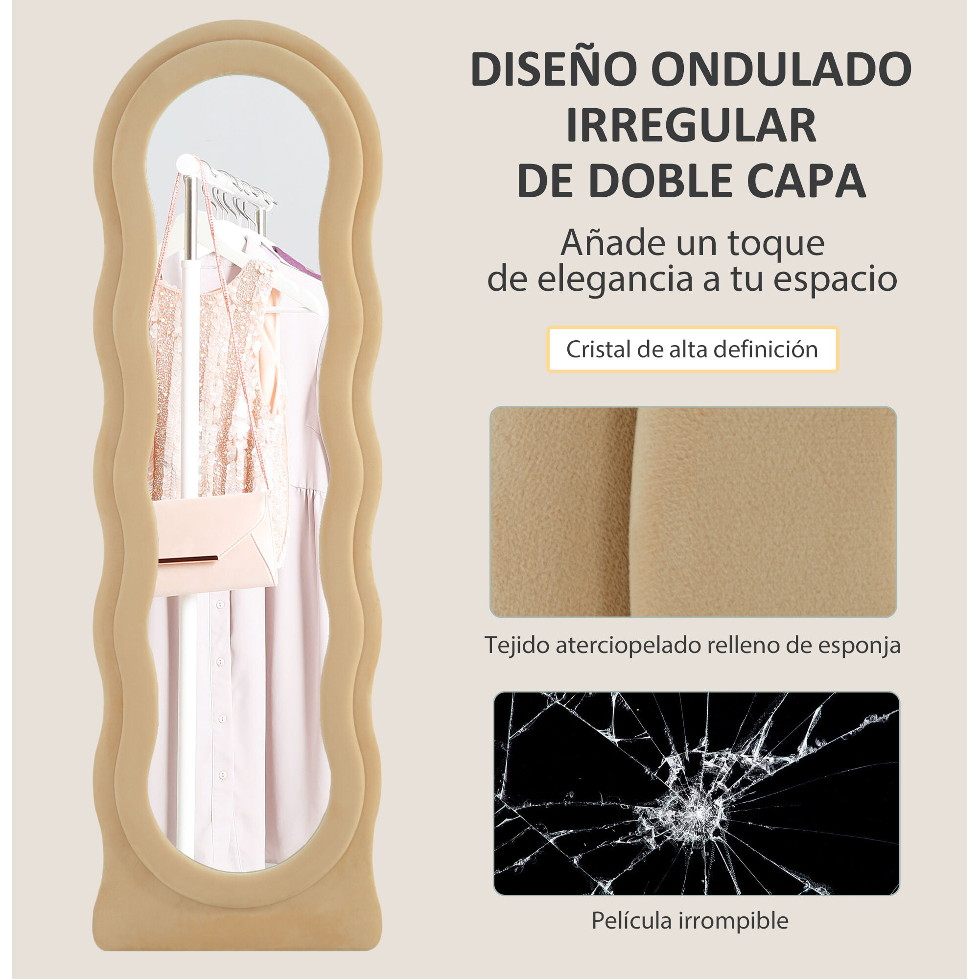 Espejo de Cuerpo Entero 160x50 cm Espejo de Pie o de Pared Diseño Ondulado Marco con Tela de Terciopelo para Salón Dormitorio Beige