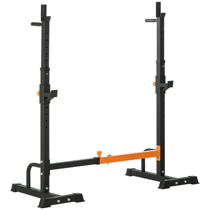 Gravity squat rack - support pour haltères longs - hauteur et longueur réglable - charge max. 150 Kg - acier renforcé orange noir