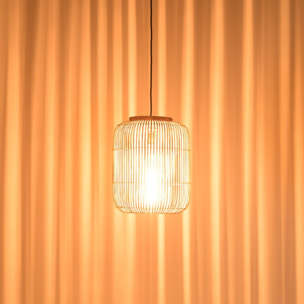 SIXTINE - Suspension 'allongée' 35x35cm rotin couleur naturelle et teck