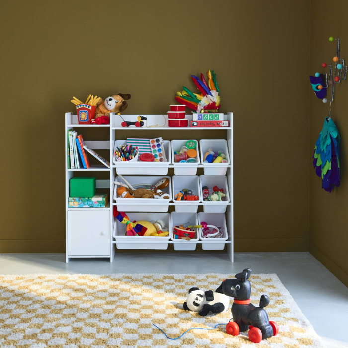 Meuble de rangement enfant. blanc. 9 bacs de rangement. 4 étagères. 1 porte