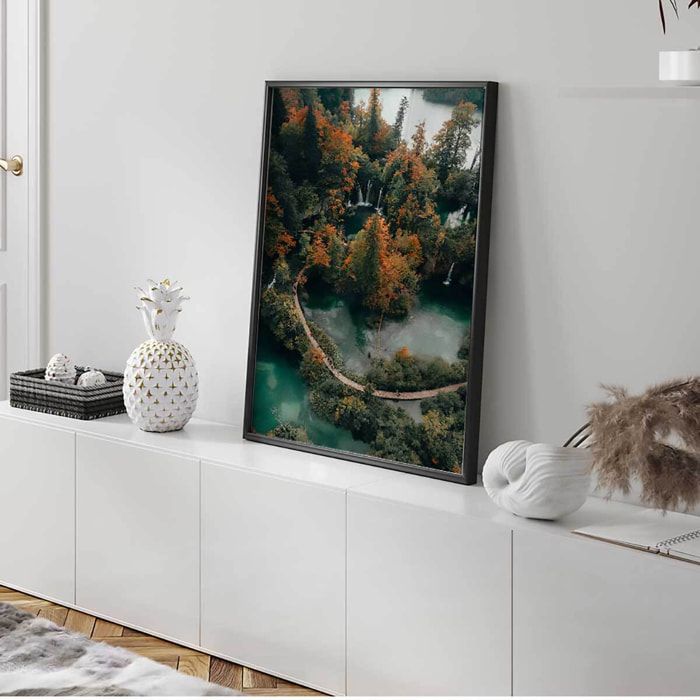 Affiche encadrée forêt et cascades vue aérienne Affiche + cadre en métal - Noir