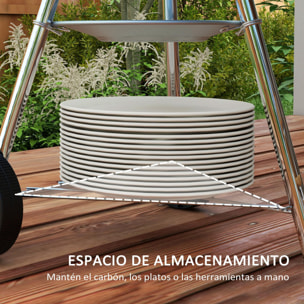 Barbacoa de Carbón Vegetal con Ruedas Parilla de Carbón BBQ Portátil Tapa y Tazón Esmaltados Mangos de Madera 48x56x94 cm para Jardín Exterior Picnic Acampada