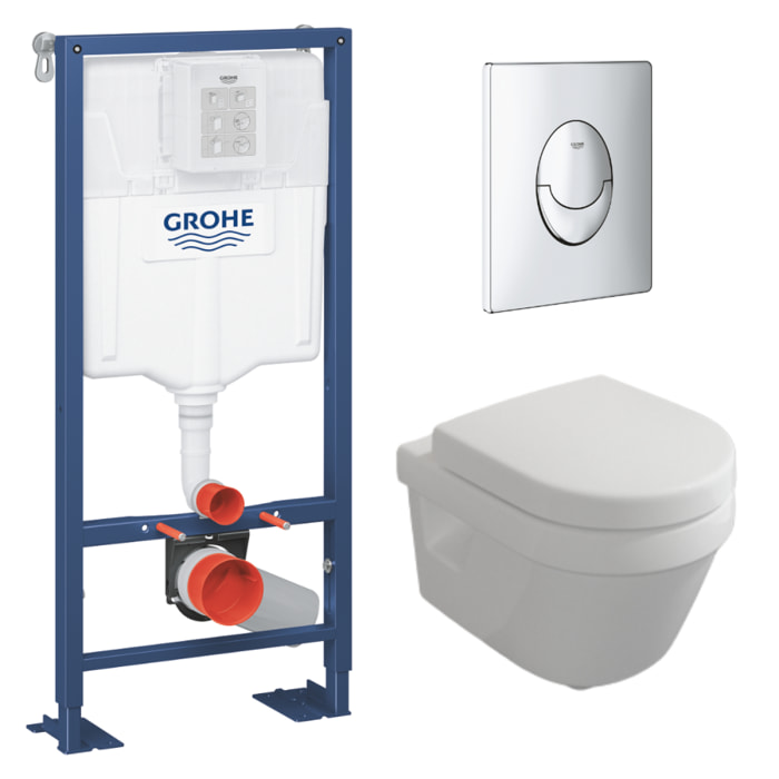 Pack WC suspendu compact sans bride Architectura + abattant + plaque blanche + bâti Grohe