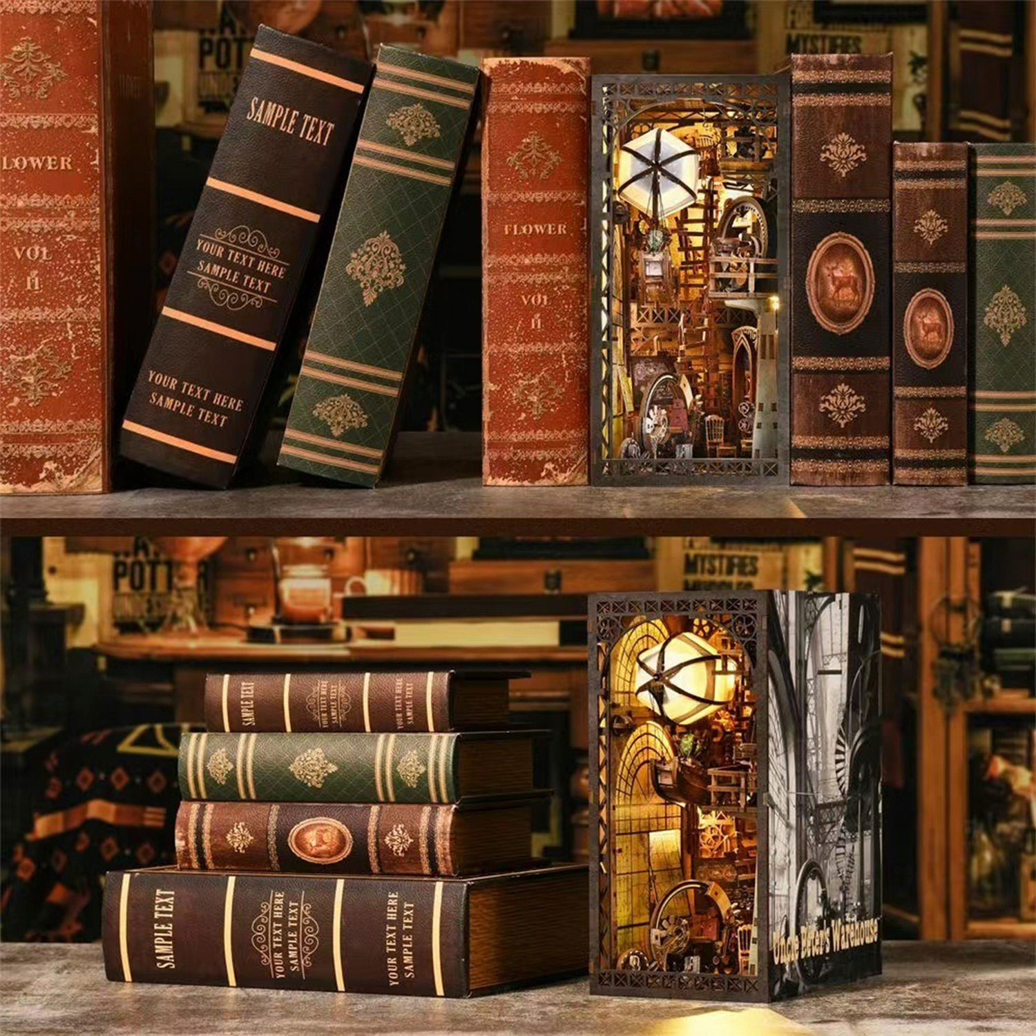 El almacén del Tio Pete. Book Nook de madera, diseño 3D realista con gran detalle, cubierta y luces led.