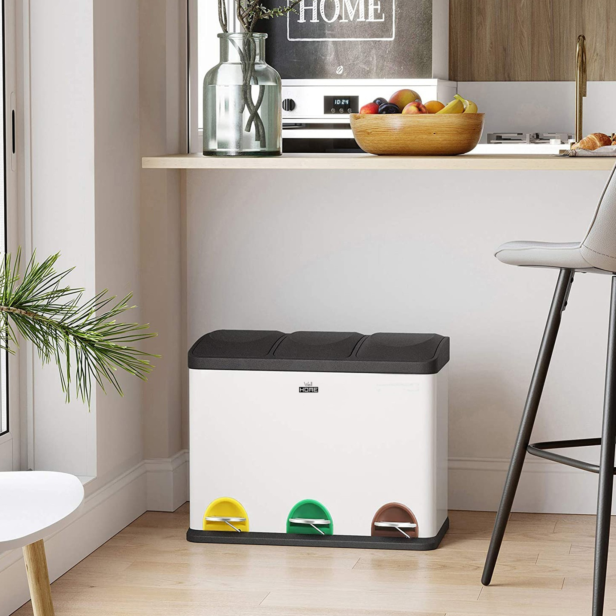 Cubo de reciclaje ecológico 45 litros de 3 compartimentos, reciclaje de basura / cubos de reciclaje, gran capacidad, para papel, vidrio y plástico