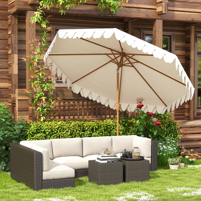 Sombrilla Terraza Exterior, Ø264x240 cm, Sombrilla de Jardín con Ángulo Ajustable, Manivela y Volantes, Impermeable, Parasol para Playa, Patio, Balcón, Crema