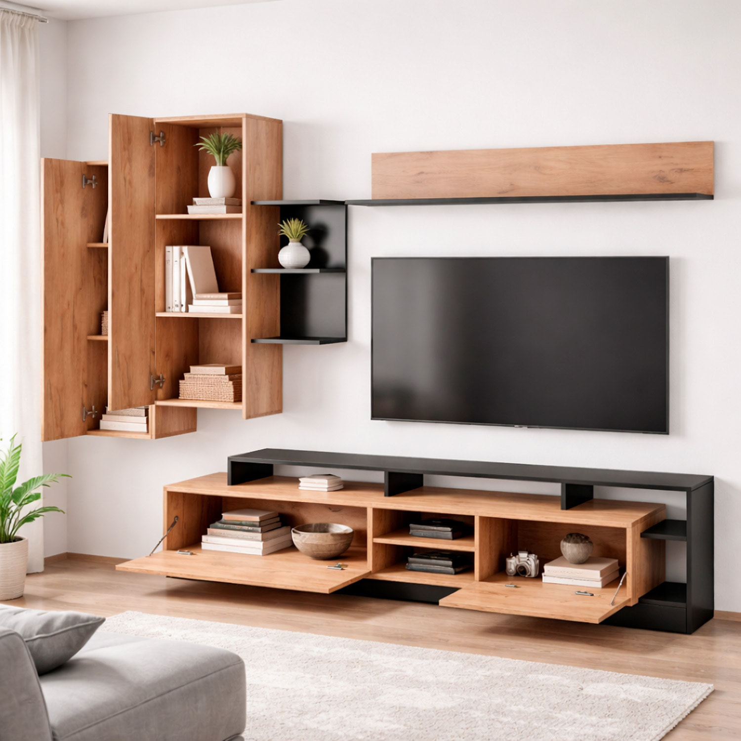 Parete attrezzata mobile da soggiorno mobile da tv moderno  260 x  43.6 x 171.5 cm Rovere e Antracite