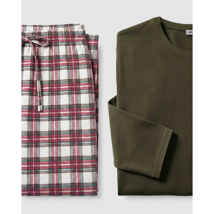 Pijama largo algodón cuadros vara verde cacería