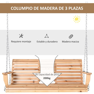 Banco Columpio de 2-3 Plazas Banco Colgante de Madera con Mesa de Centro Plegable 2 Portavasos y Reposabrazos Carga 200 kg para Jardín Terraza Balcón 150x75x53 cm Natural