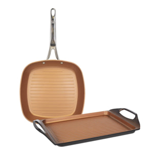 Colección origen: set de sartén grill de 28 cm, y plancha asador/grill de 36 cm, aluminio forjado, aptas para inducción