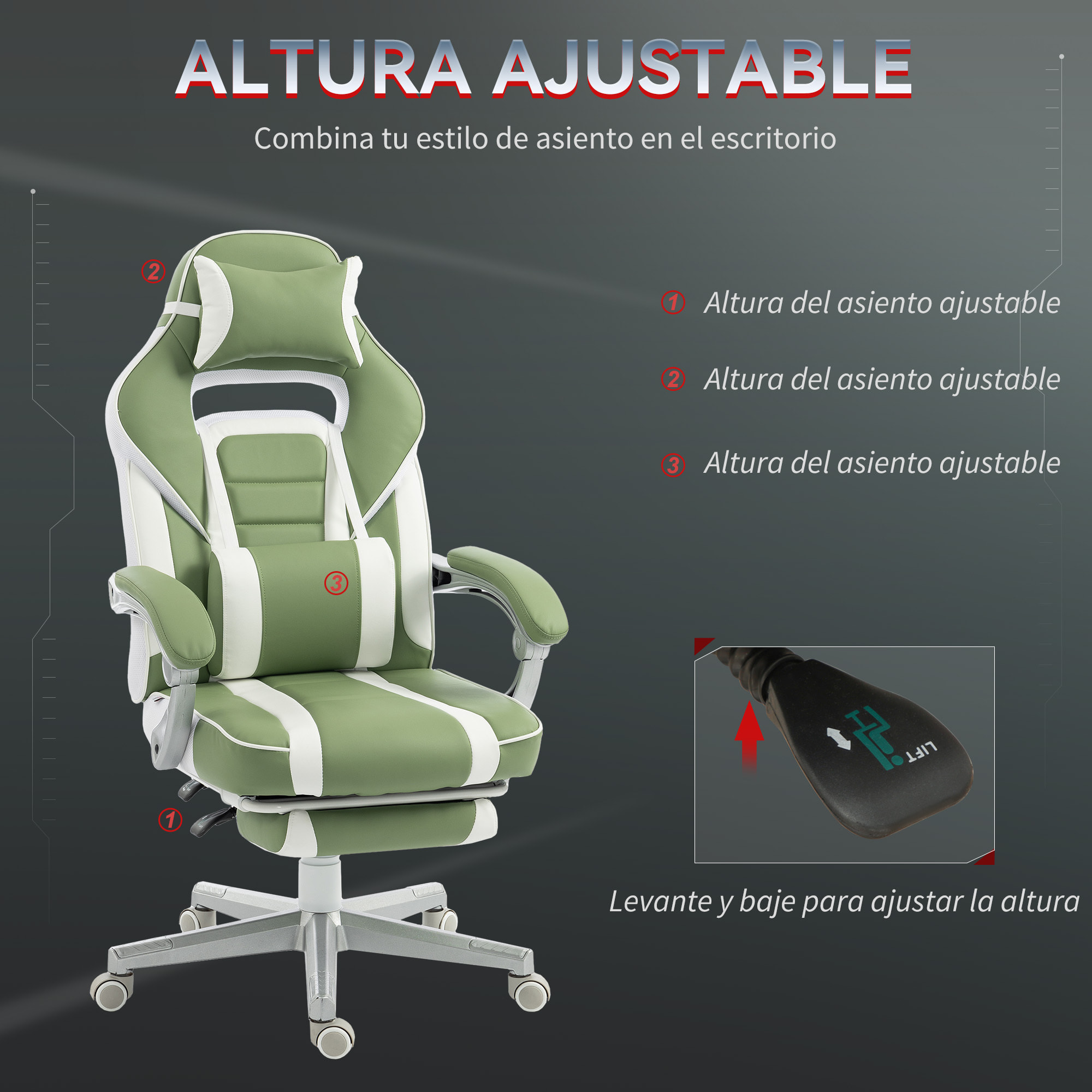 Silla Gaming, Silla Gamer Reclinable, con Altura Ajustable, Reposapiés Retráctil, Soporte Lumbar y Reposacabezas Desmontable, para Oficina, Estudio, Verde