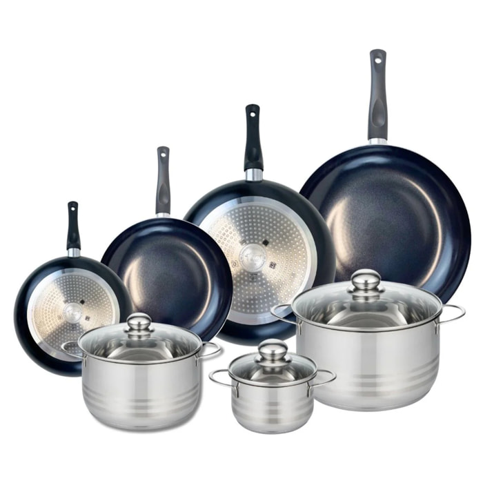 Ensemble de 4 Poêles de cuisson 20, 24, 28 et 32 cm et 3 faitouts 14, 20 et 24 cm Elo Prima Brillant