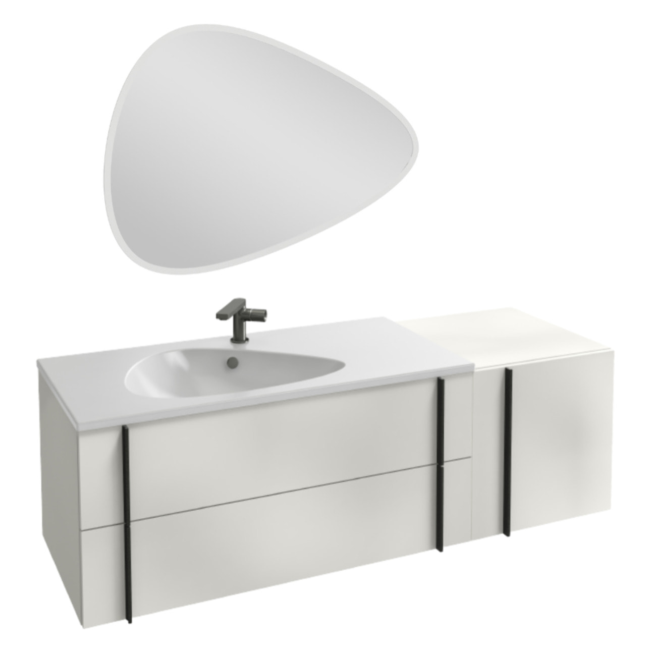 Meuble vasque 145 cm Nouvelle Vague blanc brillant + tiroir rack + miroir