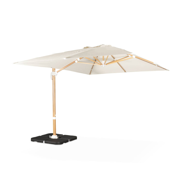 Parasol déporté rectangulaire écru 3x4m. mât effet bois + Dalles à lester 50x50cm