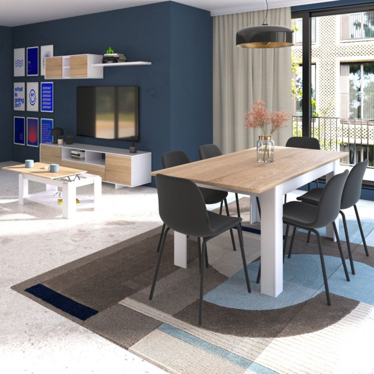 Pack mesa de comedor 123 y mesa de centro Lya Blanco Artik (Blanco Mate) - Roble Canadian