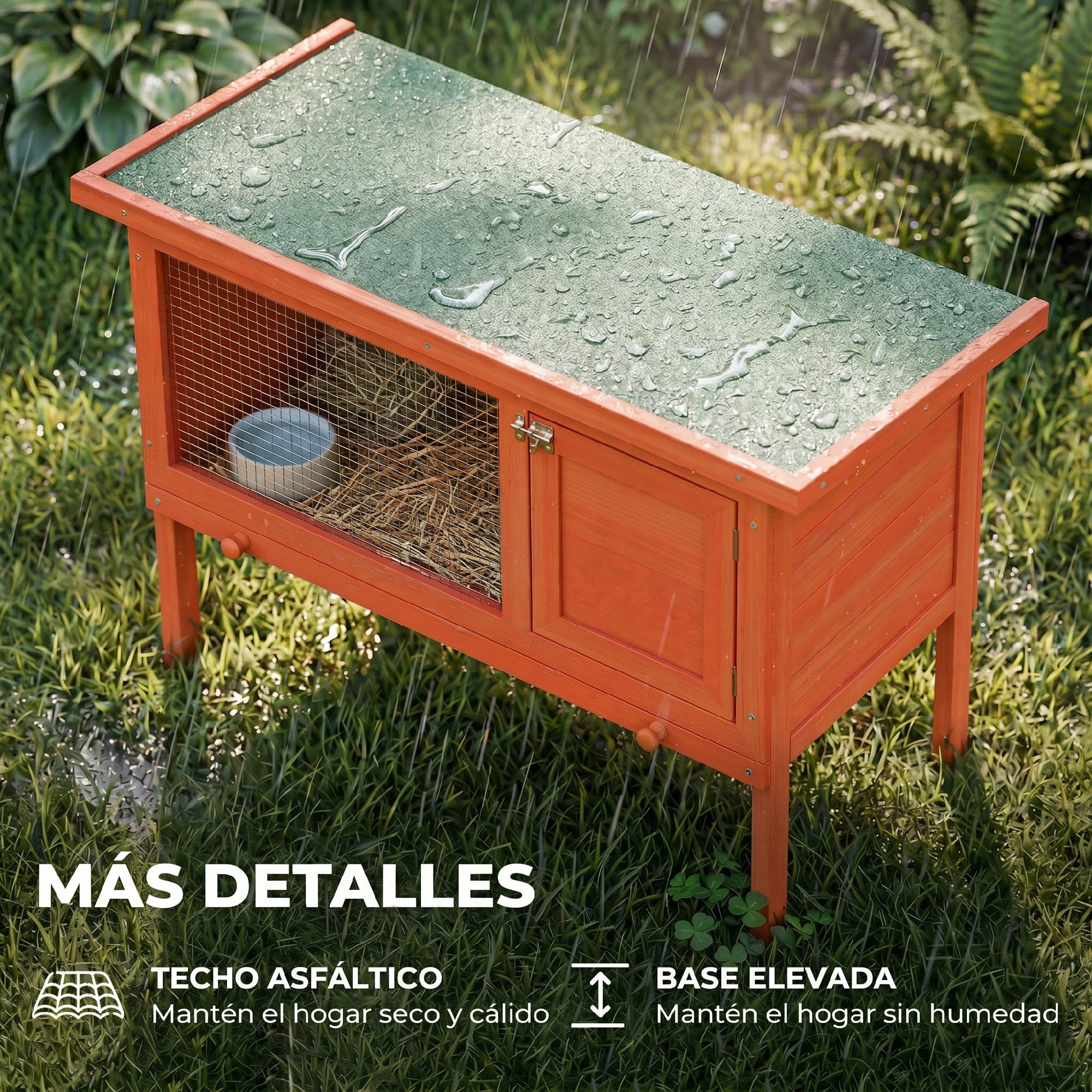 Conejera de Madera, Jaula para Conejos Medianos con Techo Asfáltico Abatible, Bandeja Extraíble, Puerta con Pestillo, Conejera Elevada Exterior, para Cobayas y Chinchillas, 90x45x65 cm, Naranja