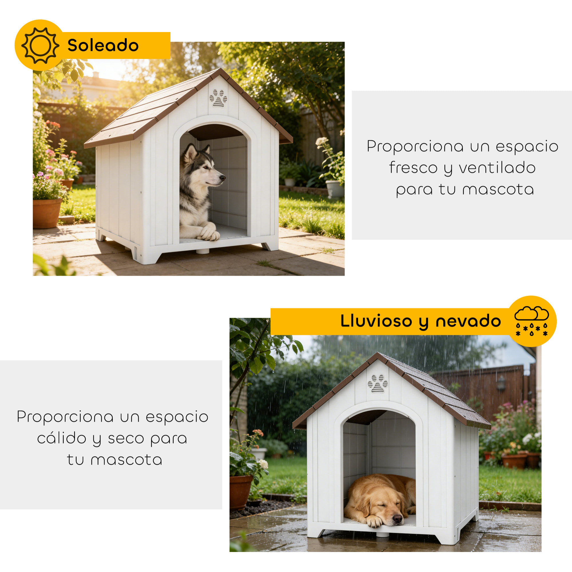 Caseta para Perros Exterior, Casa para Perros Extragrandes de Plástico Impermeable con 2 Ventanas, Base Elevada, Estacas, Fácil de Montar, 102x94x103 cm, Marrón Oscuro