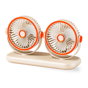 Ventilador modular F21. Con 2 ventiladores independientes, 5 velocidades por unidad y giro 360° vertical y horizontal. 3 niveles de iluminación y diseño versátil de sobremesa, pared, techo o uso portá