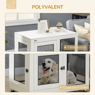 Cage pour chien sur pied style industriel - 2 portes verrouillables, coussin inclus - acier maillé noir panneaux aspect bois blanc