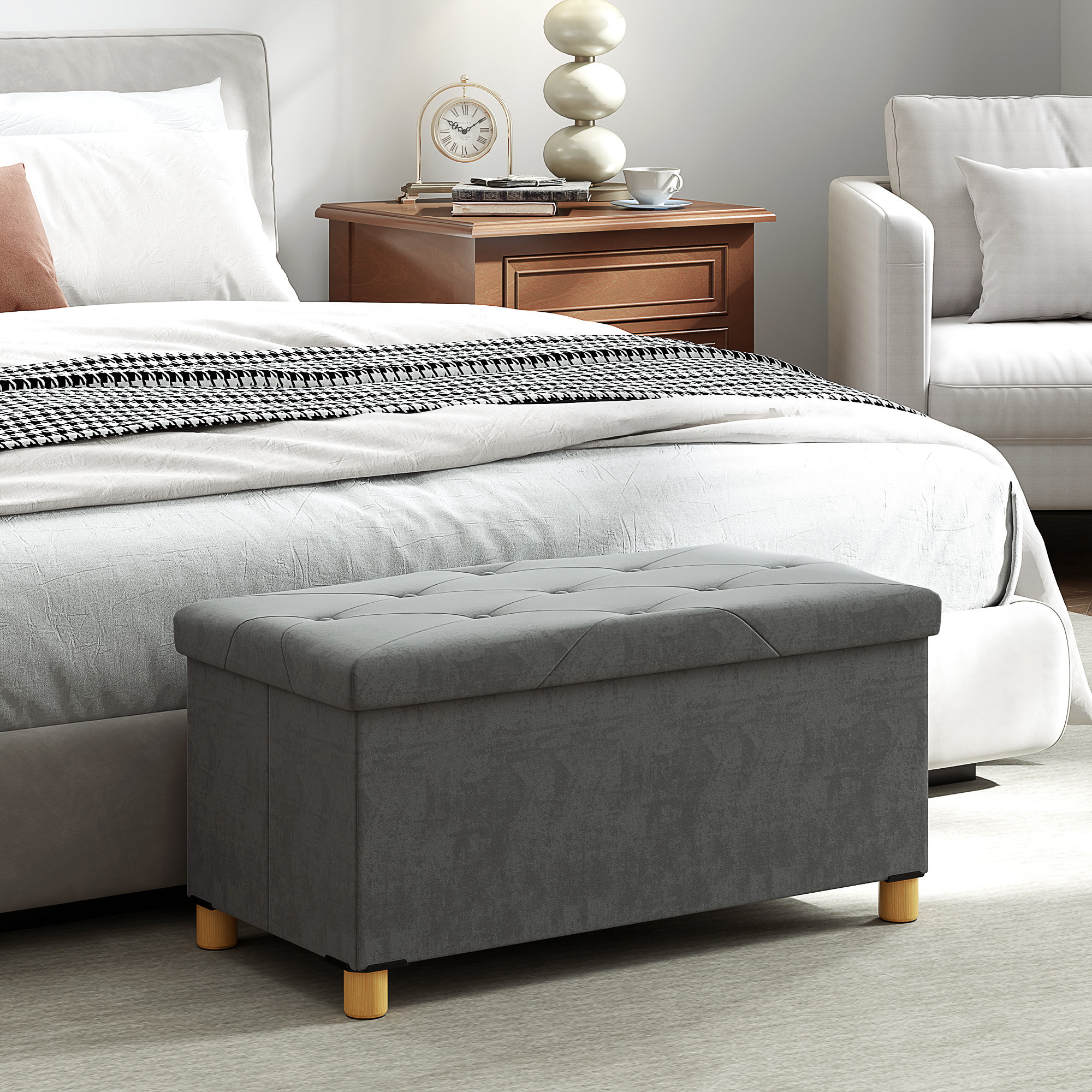 Puff Almacenaje, Banco Almacenaje Plegable, Capacidad de 67 L, 76x38x38 cm, Tapizado en Terciopelo, Baúl de Almacenamiento Dormitorio, Carga 120 kg, para Sala de Estar, Entrada, Gris