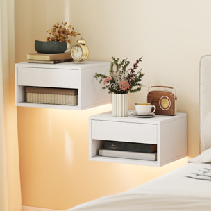 Juego de 2 Mesitas de Noche Flotantes con Luces LED RGB Control de APP, Mesillas de Noche Dormitorio con Cajón, Estante Abierto, para Sala de Estar, 37x32x21 cm, Blanco