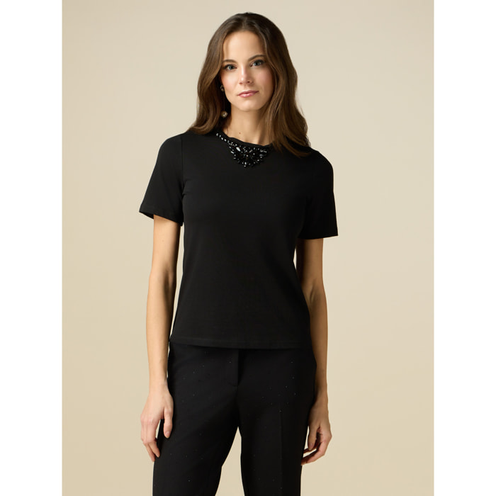 Oltre - T-shirt con dettaglio pietre - Nero