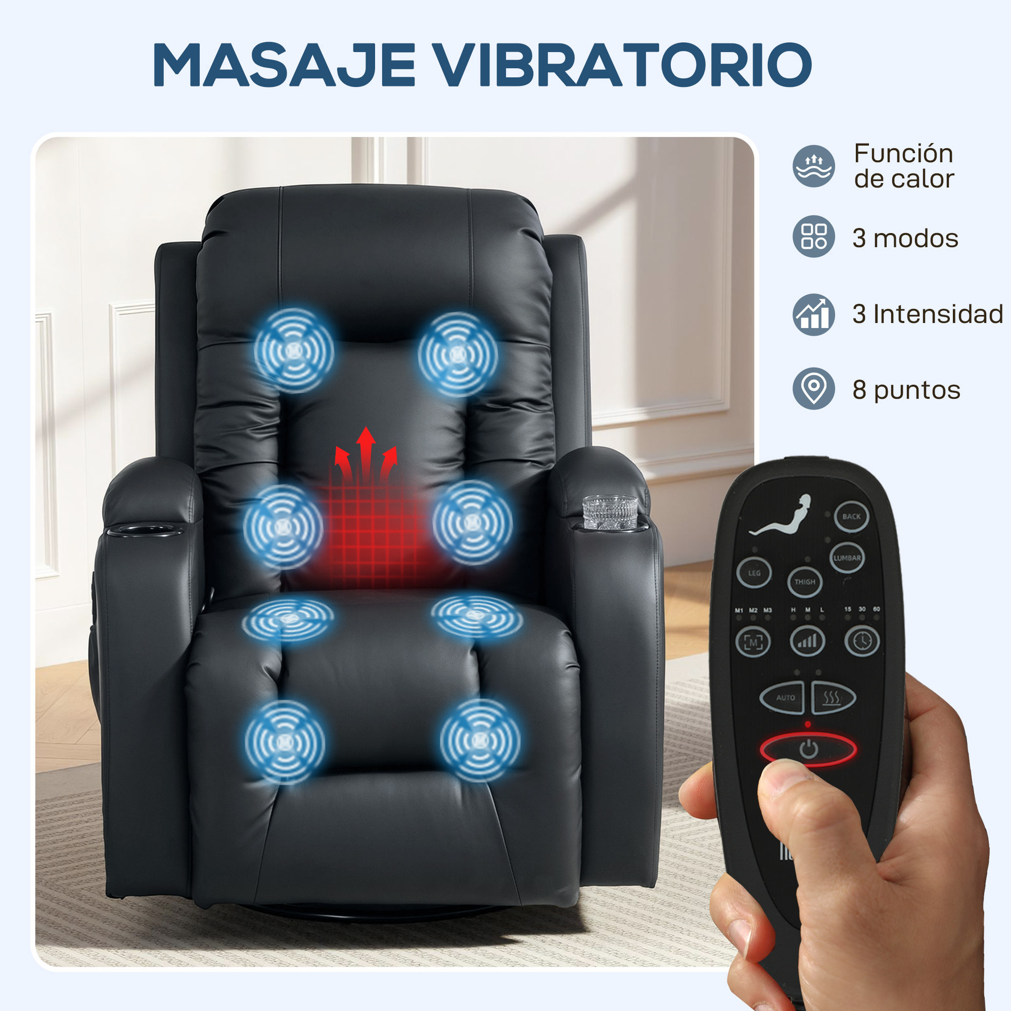 Sillón de Masaje Giratorio, Sillón Relax Reclinable con 8 Puntos de Masaje, Función Calefacción Lumbar, Mando a Distancia, Tapizado en PU, Reposapiés, Bolsillo Lateral, Función Basculante Negro