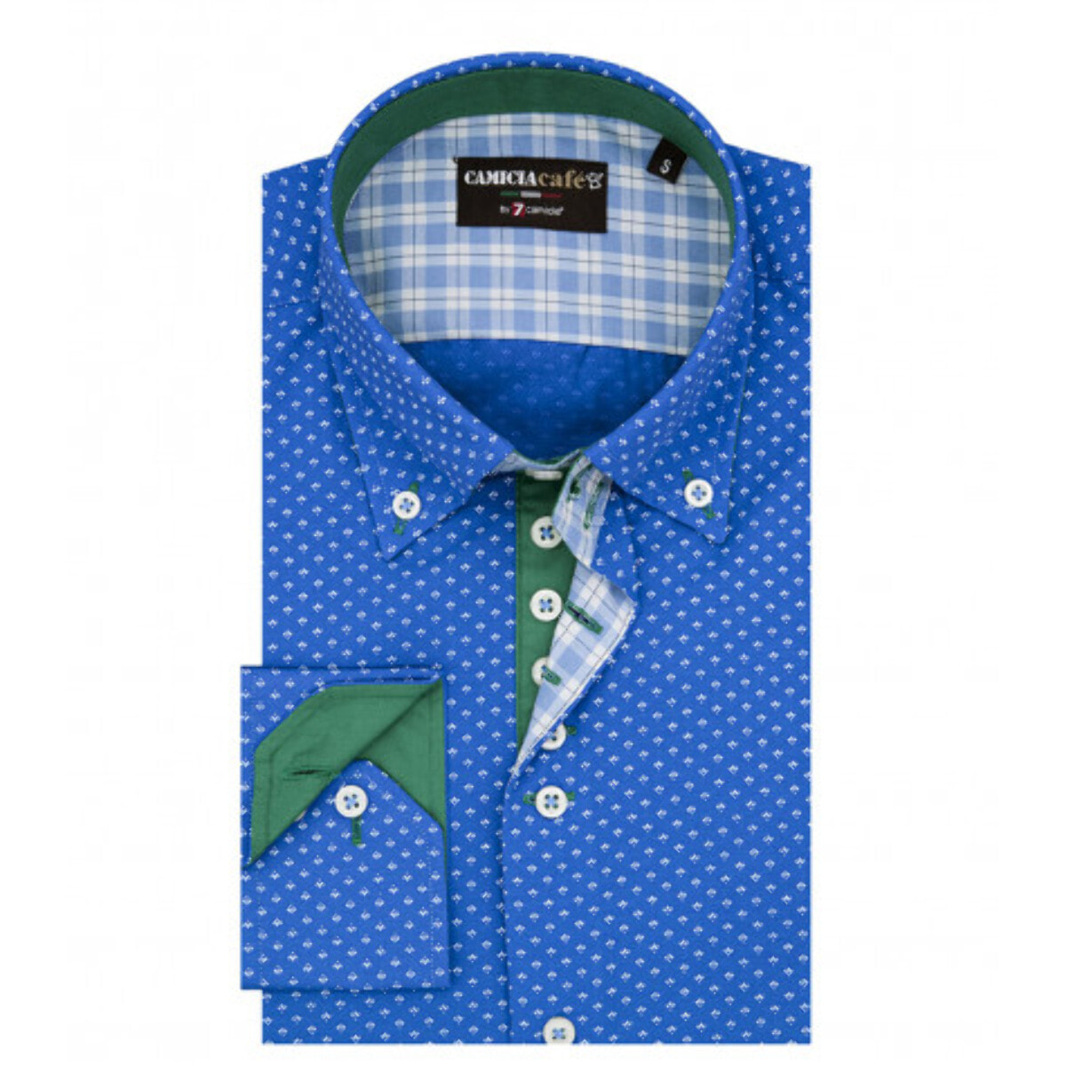 Camicia Uomo 2 Bottoni Button Down 7 Bottoni Slim Cotone Poliestere Stampa Azzurro e Bianco