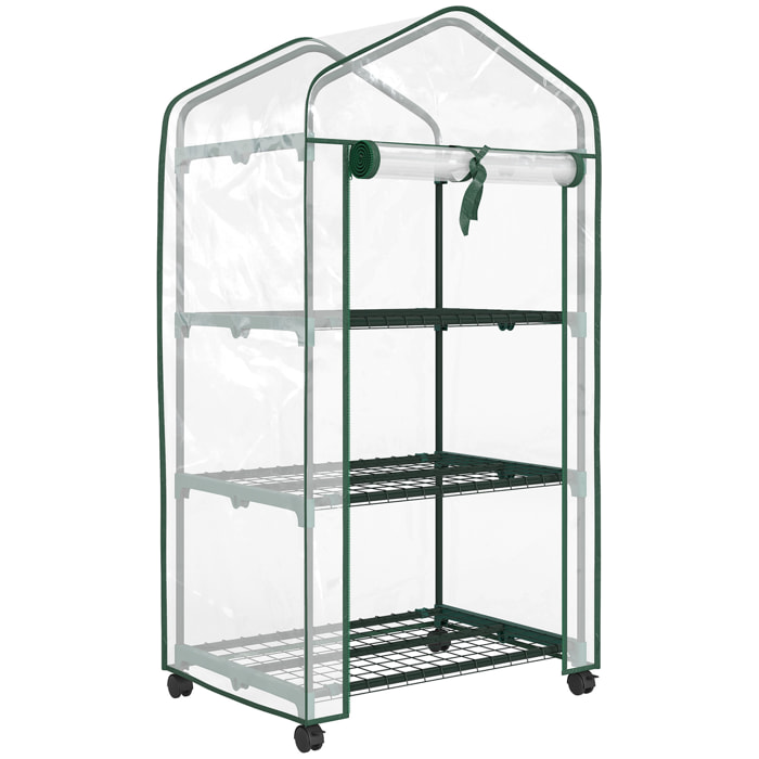Mini serre de jardin 3 étagères porte enroulable 4 roulettes PE transparent