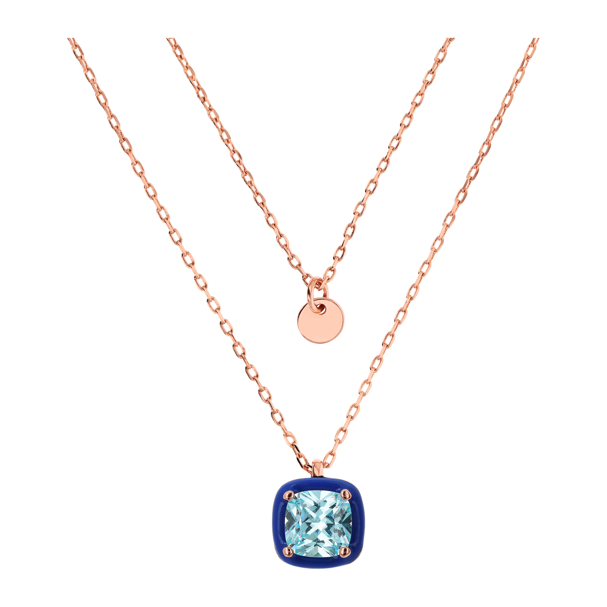Collana Multifilo Catena Forzatina con Disco e Pendente Smaltato Blu con Cubic Zirconia Quadrata