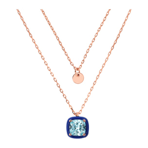 Collana Multifilo Catena Forzatina con Disco e Pendente Smaltato Blu con Cubic Zirconia Quadrata