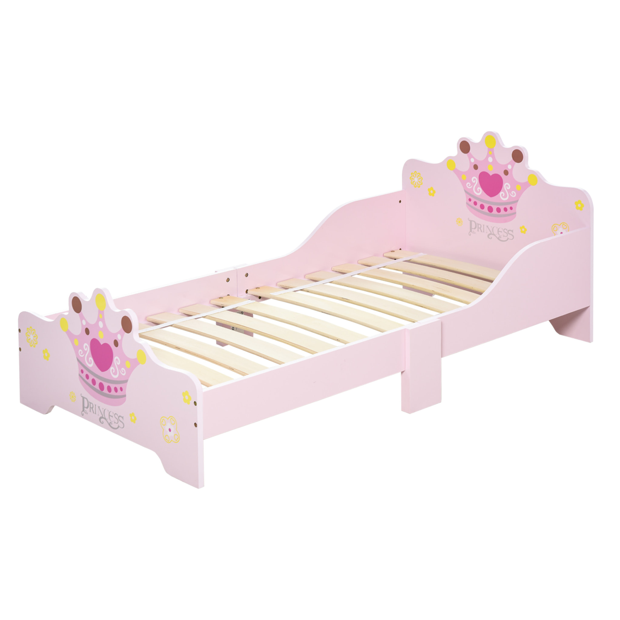 Cama para Niños de +3 Años 143x73x60 cm Cama Infantil de Madera con Estampado de Corona Carga 50 kg para Dormitorio Rosa