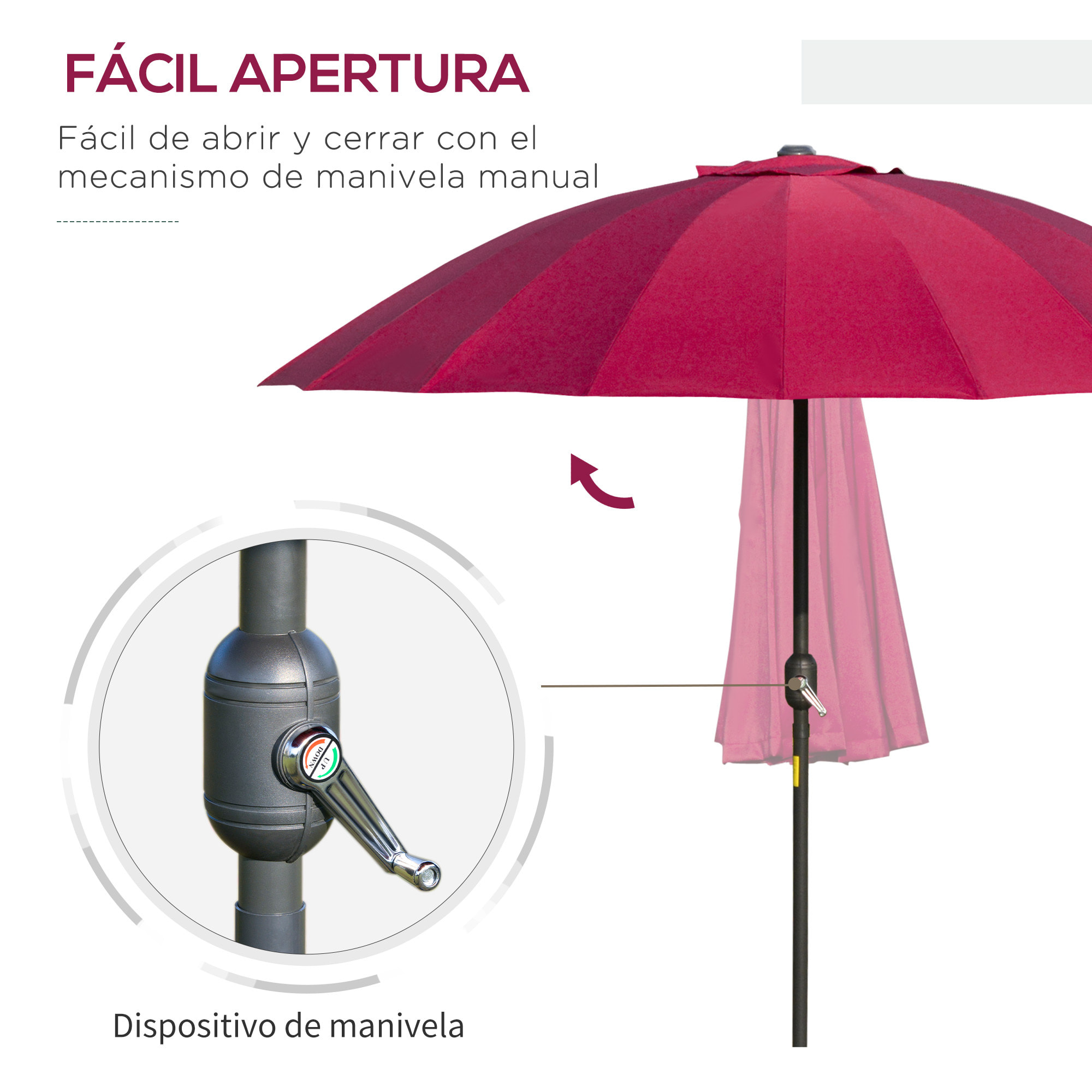 Sombrilla Terraza Exterior Ø250 cm Sombrilla de Jardín con Ángulo Inclinable y Manivela Impermeable Parasol para Patio Terraza Rojo Burdeos