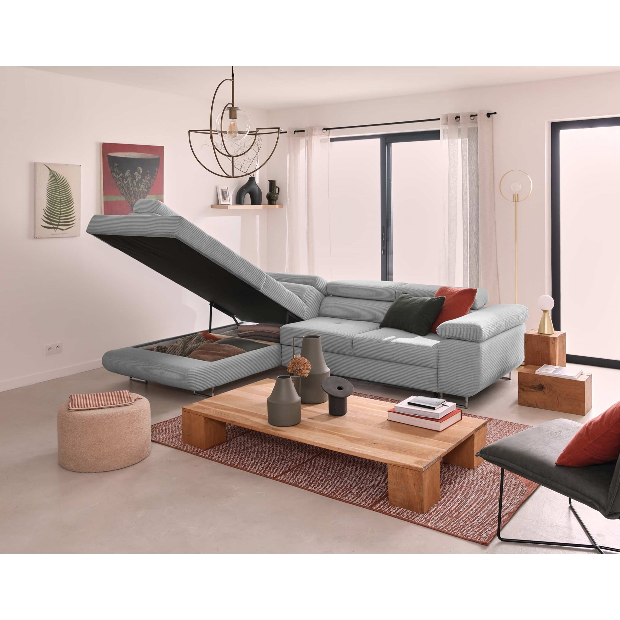 Zaria - canapé d'angle gauche - convertible avec coffre et têtières réglables - 5 places - en velours côtelé - Gris clair