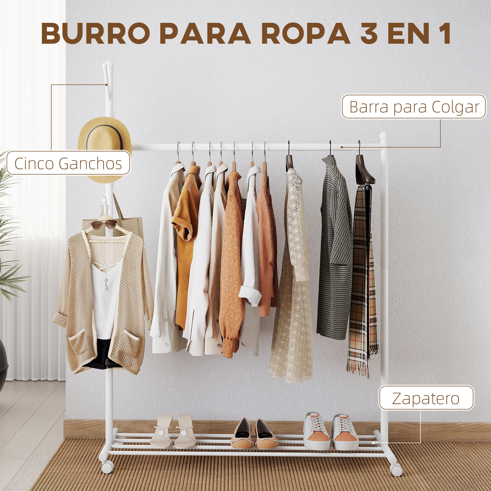 Burro Ropa con Ruedas, Perchero Burro Ropa con 5 Ganchos Barra para Colgar y Balda Inferior Perchero para Recibidor, Entrada, Dormitorio, 120x43x171 cm, Blanco