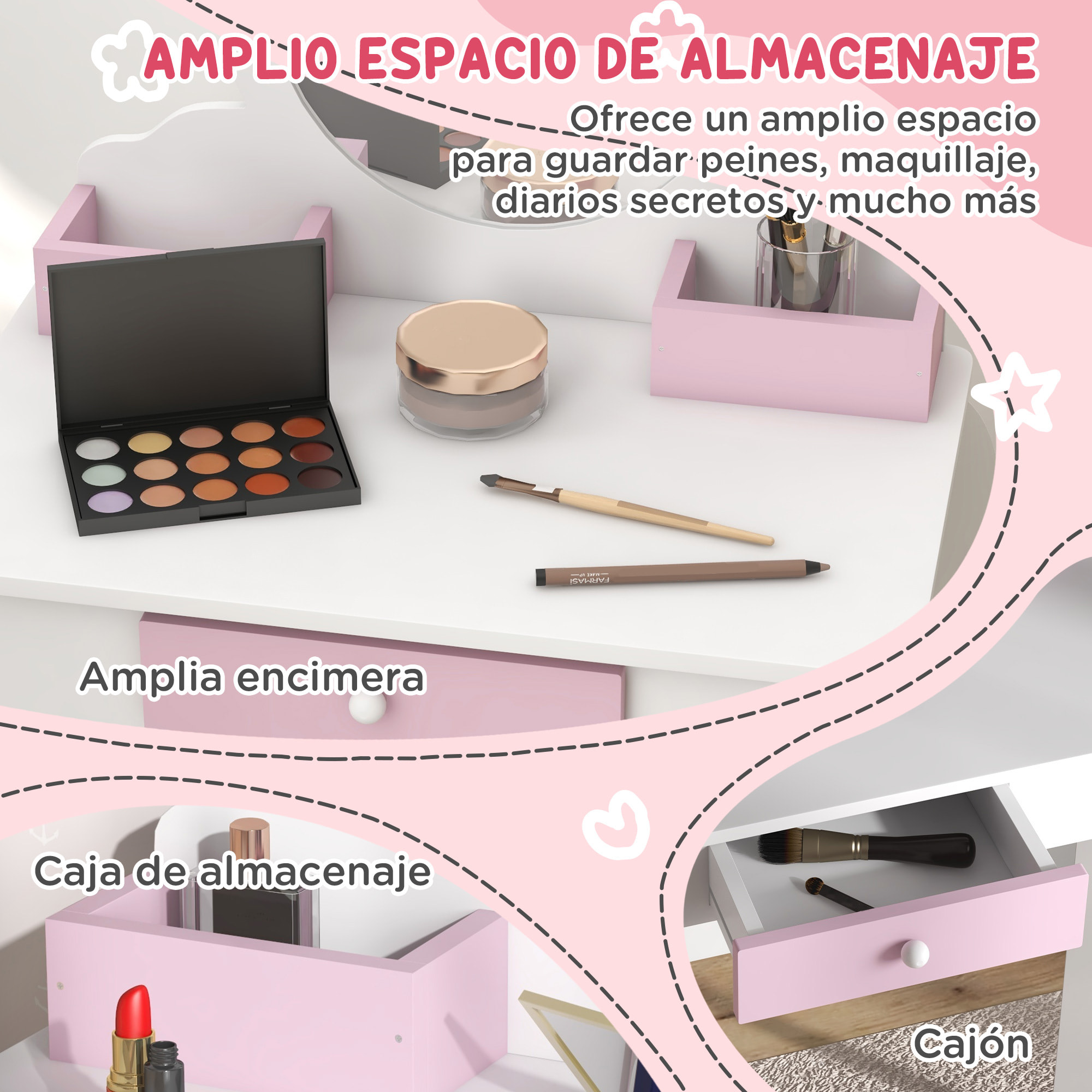 Tocador Infantil con Taburete y Espejo, Tocador para Niñas con Cajón, Compartimentos, Diseño de Unicornio, Mesa de Maquillaje para Niños y Niñas de 3-6 Años, Blanco