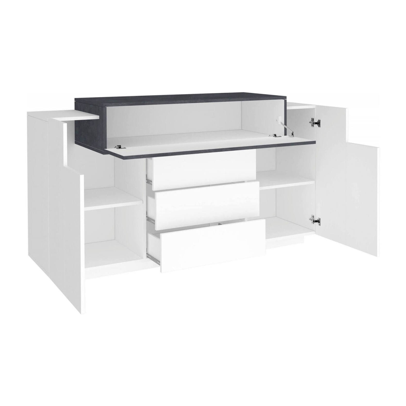 Credenza moderna, Madia di design a 3 ante e 3 cassetti, Made in Italy, Mobile Porta TV, Buffet da soggiorno, cm 160x45h86, colore Bianco lucido e Grigio Cenere