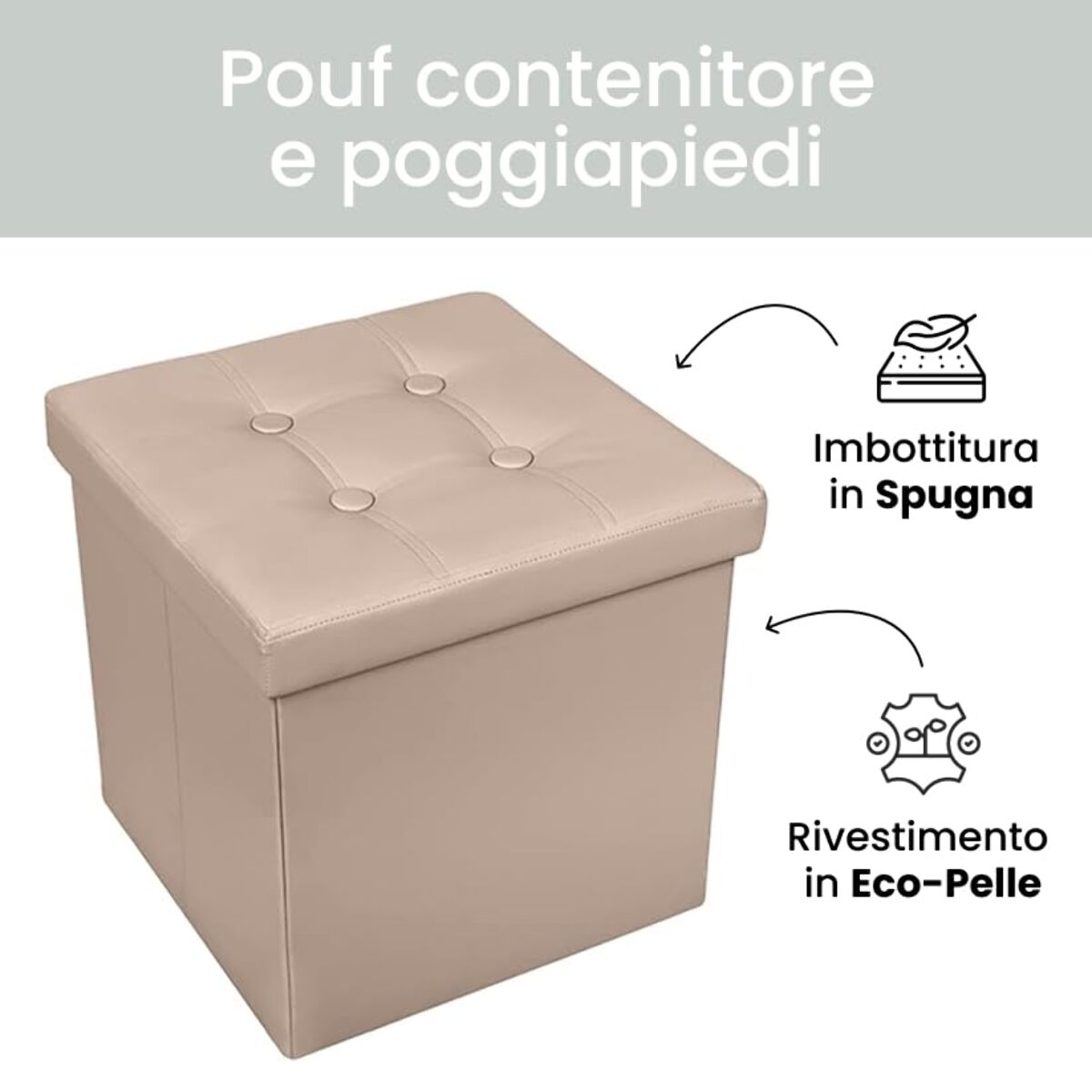 Pouf Contenitore, Puffo per Sedersi, Pouf Poggiapiedi, in Ecopelle, Quadrato, Imbottito, Versatile, Facile da Pulire