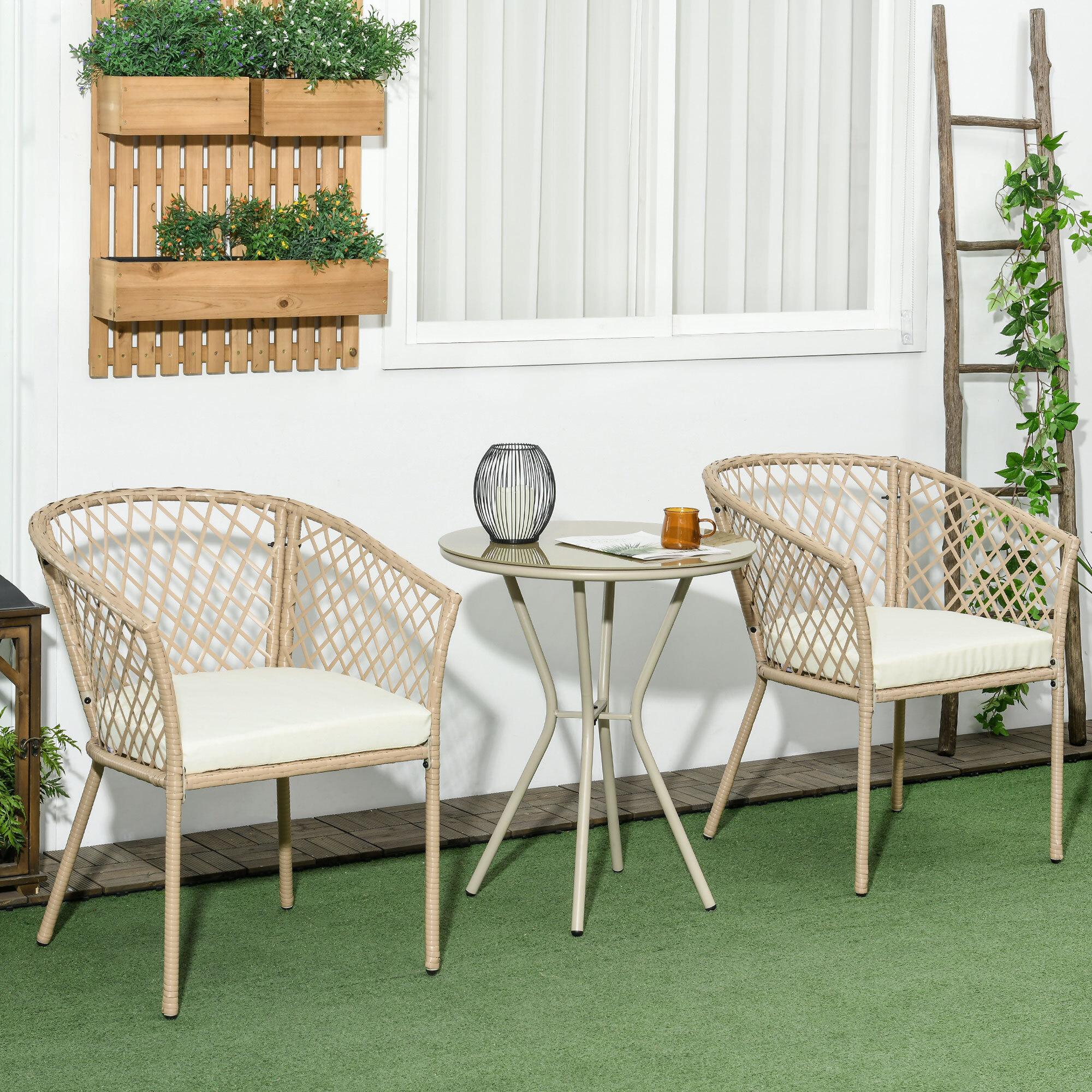 Conjunto de Mesa y 2 Sillas de Jardín Juego de 3 Piezas Sillas y Mesa de Ratán con 2 Sillas y 1 Mesa de Centro Redondo para Terraza Césped Balcón Caqui