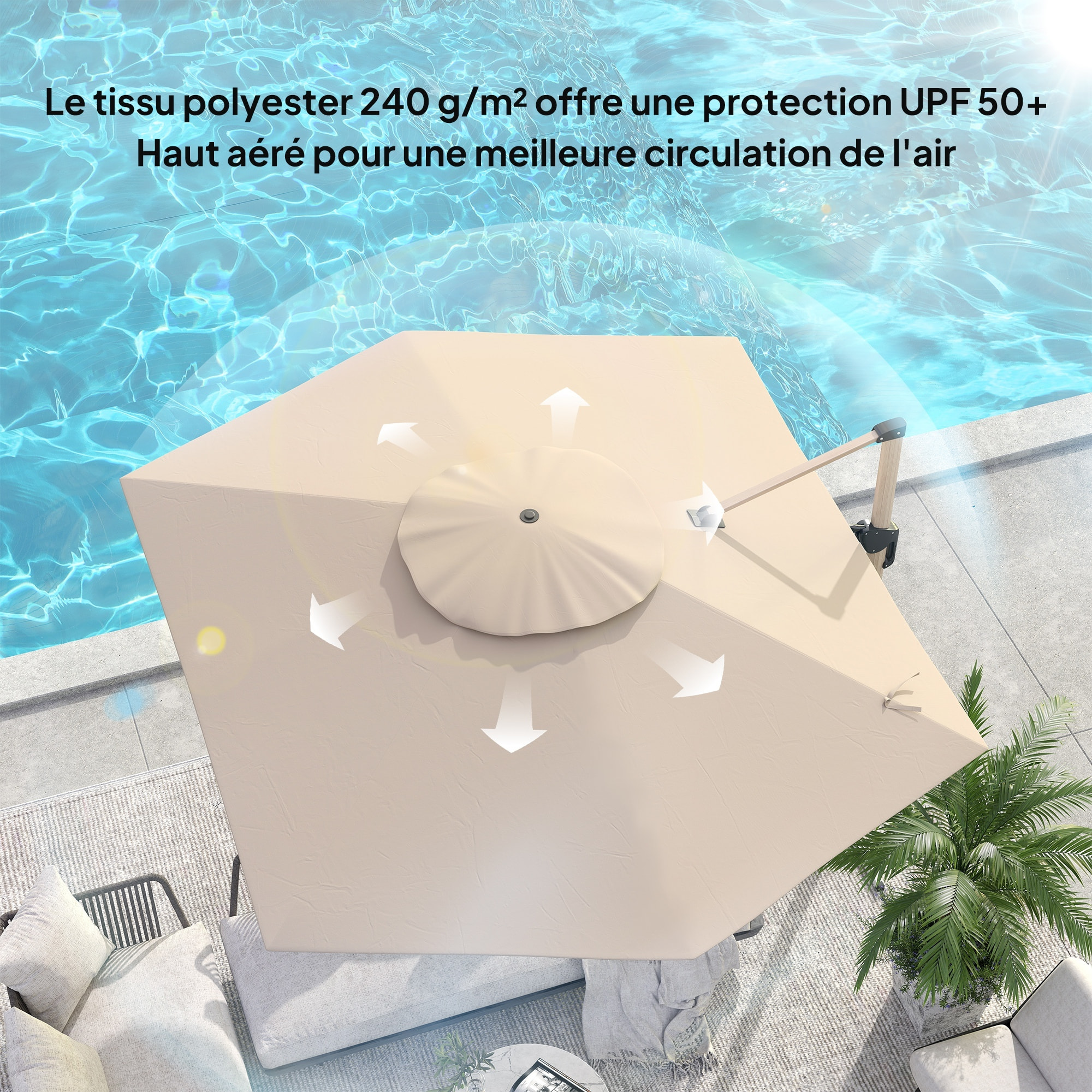 Parasol déporté hexagonal inclinable pivotant dim. 4,2L x 3l x 2,7H m alu effet bois polyester anti-UV UPF50+ kaki