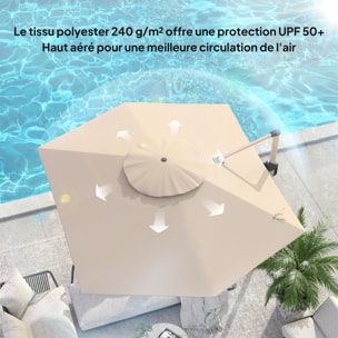 Parasol déporté hexagonal inclinable pivotant dim. 4,2L x 3l x 2,7H m alu effet bois polyester anti-UV UPF50+ kaki