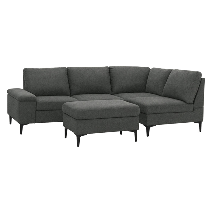 BRADLEY Canapé d'angle 4/5 places en tissu chenille gris anthracite avec pouf
