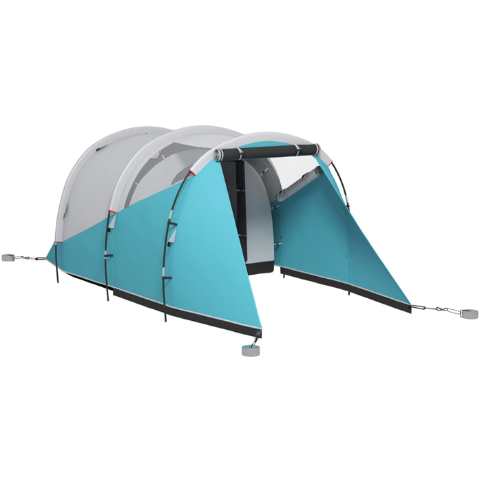 Tente de camping familiale 4-5 personnes - tente tunnel 2 portes fenêtres - dim. 4,6 x 2,6 x 1,9 m - bleu gris