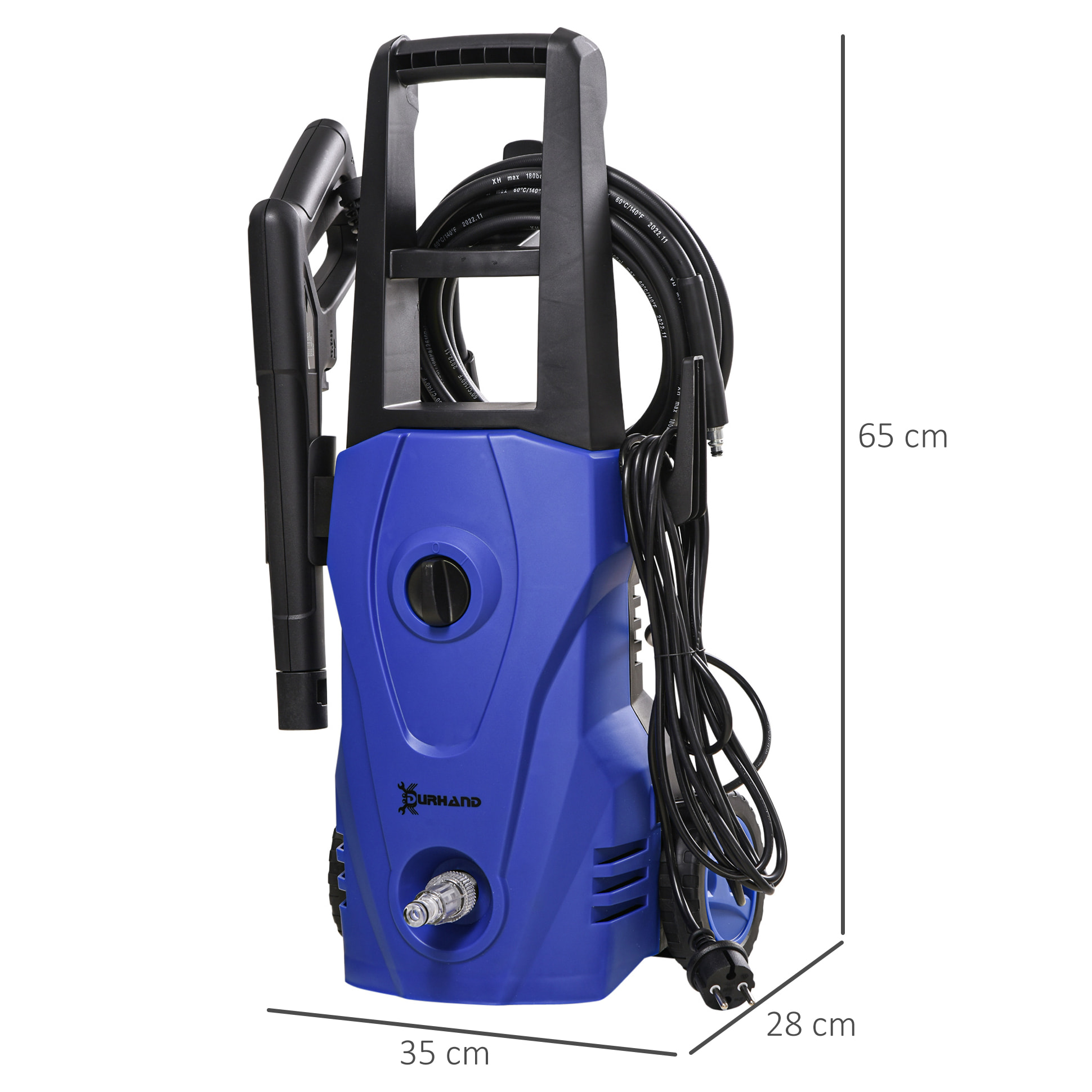 Hidrolimpiadora Lavadora de Alta Presión 1600W Caudal 432 L/h Bomba de Aluminio Presión de 135 Bar Manguera de 6 m Incluye Botella de Jabón Boquilla Cepillo 32x24x65 cm Azul
