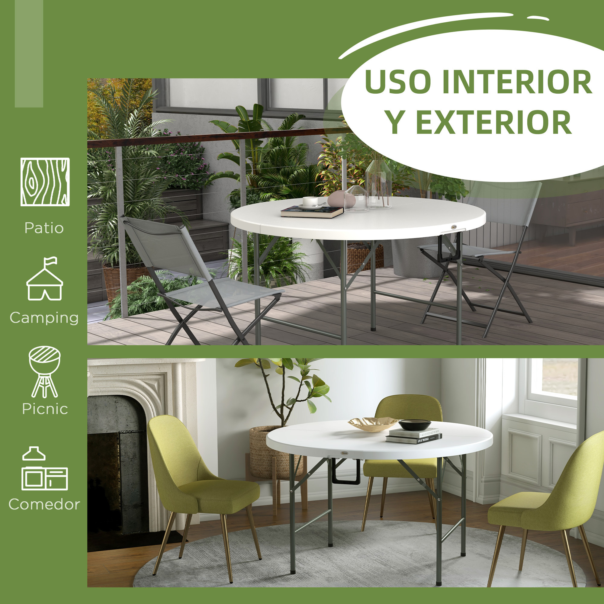 Mesa Auxiliar Redonda Mesa de Jardín Plegable con Marco de Acero y Encimera de HDPE Carga 80 kg para Interior y Exterior Ø122x73 cm Blanco
