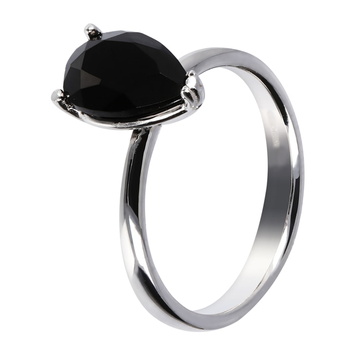 Anello Solitario in Argento 925 placcato Platino con Spinello Nero Forma Goccia