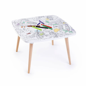 Table enfant à colorier Le voyage formidable – Coloritable Les drôles de bouilles. Made in Europe. effaçable. 60x60cm. pieds ronds en bois. feutres fournis