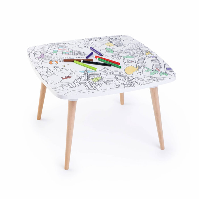 Table enfant à colorier Le voyage formidable – Coloritable Les drôles de bouilles. Made in Europe. effaçable. 60x60cm. pieds ronds en bois. feutres fournis