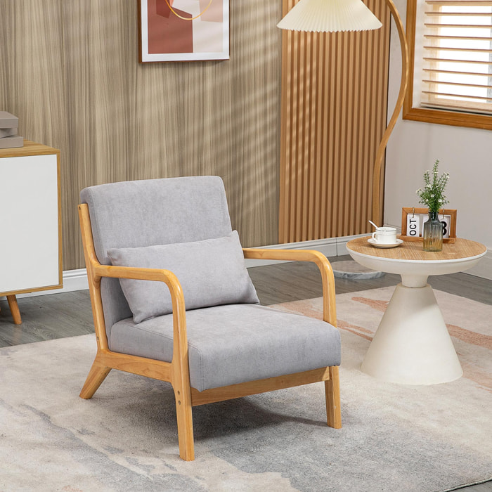 Fauteuil lounge - 3 coussins inclus - assise profonde - accoudoirs - structure bois hévéa - aspect velours gris